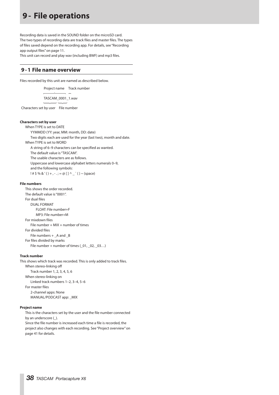 9 - file operations, 9 - 1 file name overview | Tascam Portacapture X6 32-Bit 6-Channel Multitrack Field Recorder User Manual | Page 38 / 64
