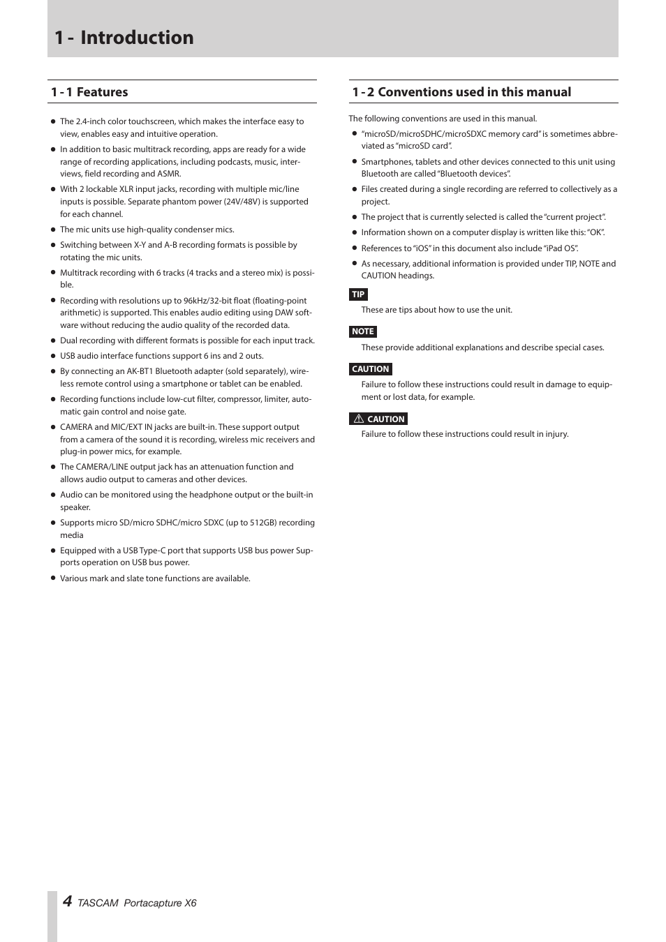 1 - introduction, 1 - 1 features, 1 - 2 conventions used in this manual | Tascam Portacapture X6 32-Bit 6-Channel Multitrack Field Recorder User Manual | Page 4 / 64