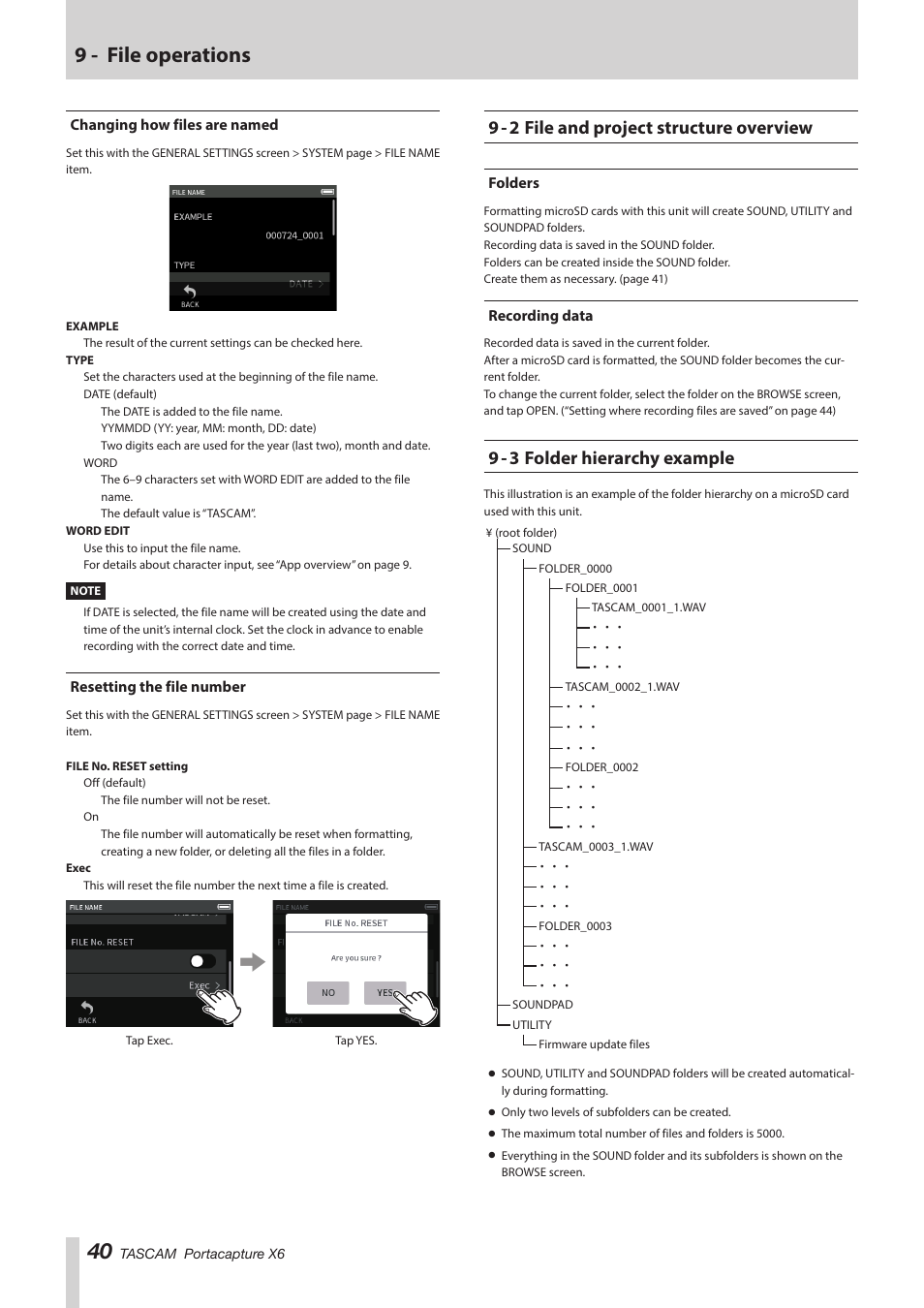 Changing how files are named, Resetting the file number, 9 - 2 file and project structure overview | Folders, Recording data, 9 - 3 folder hierarchy example, Folders recording data, 9 - file operations | Tascam Portacapture X6 32-Bit 6-Channel Multitrack Field Recorder User Manual | Page 40 / 64