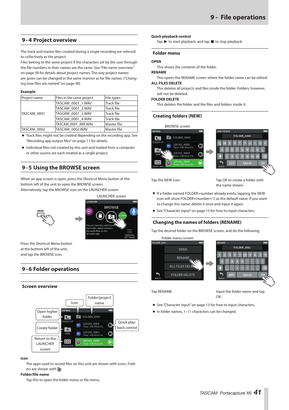 9 - 4 project overview, 9 - 5 using the browse screen, 9 - 6 folder operations | Screen overview, Folder menu, Creating folders (new), Changing the names of folders (rename), 41 9 - file operations | Tascam Portacapture X6 32-Bit 6-Channel Multitrack Field Recorder User Manual | Page 41 / 64