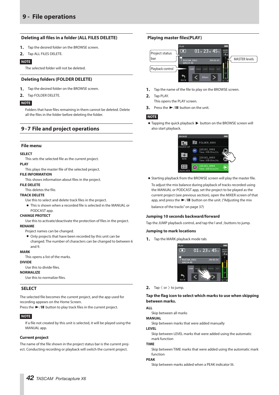 Deleting all files in a folder (all files delete), Deleting folders (folder delete), 9 - 7 file and project operations | File menu, Select, Playing master files(play), File menu select playing master files(play), 9 - file operations | Tascam Portacapture X6 32-Bit 6-Channel Multitrack Field Recorder User Manual | Page 42 / 64