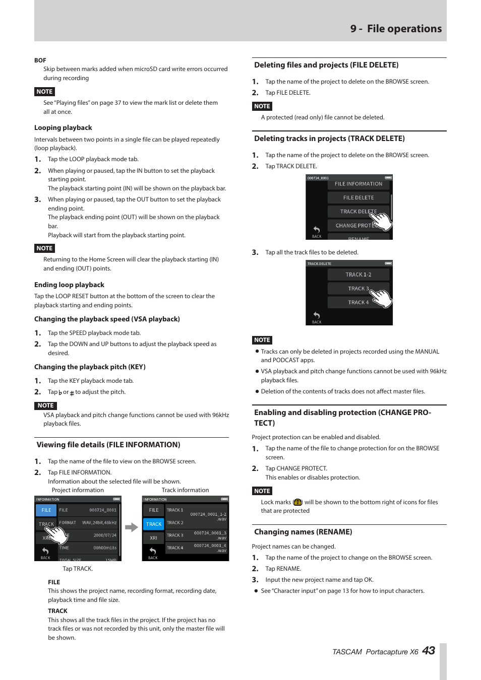 Viewing file details (file information), Deleting files and projects (file delete), Deleting tracks in projects (track delete) | Enabling and disabling protection (change protect), Changing names (rename), 43 9 - file operations | Tascam Portacapture X6 32-Bit 6-Channel Multitrack Field Recorder User Manual | Page 43 / 64