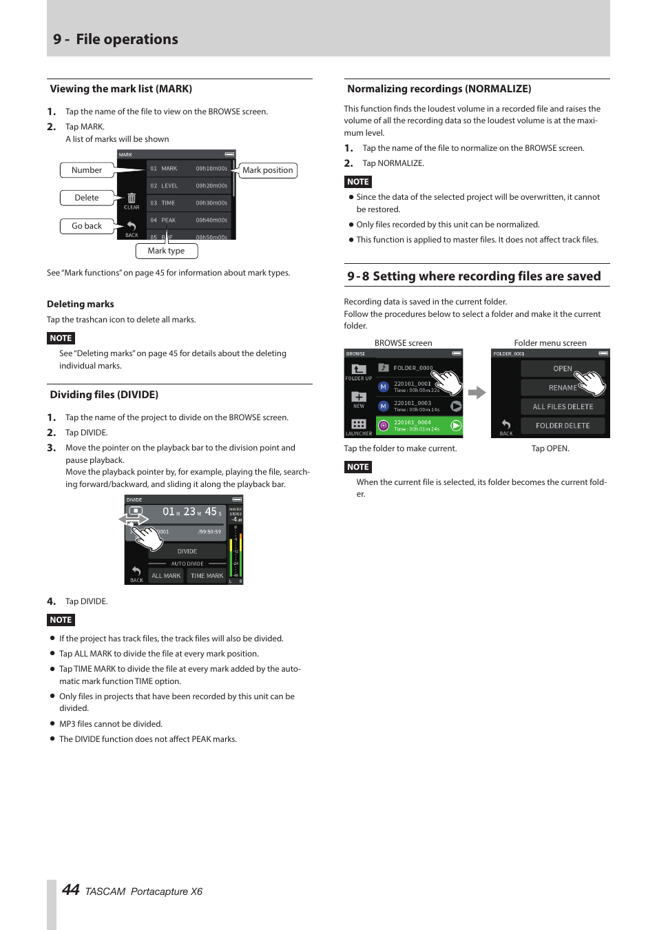 Viewing the mark list (mark), Dividing files (divide), Normalizing recordings (normalize) | 9 - 8 setting where recording files are saved, 9 - file operations | Tascam Portacapture X6 32-Bit 6-Channel Multitrack Field Recorder User Manual | Page 44 / 64