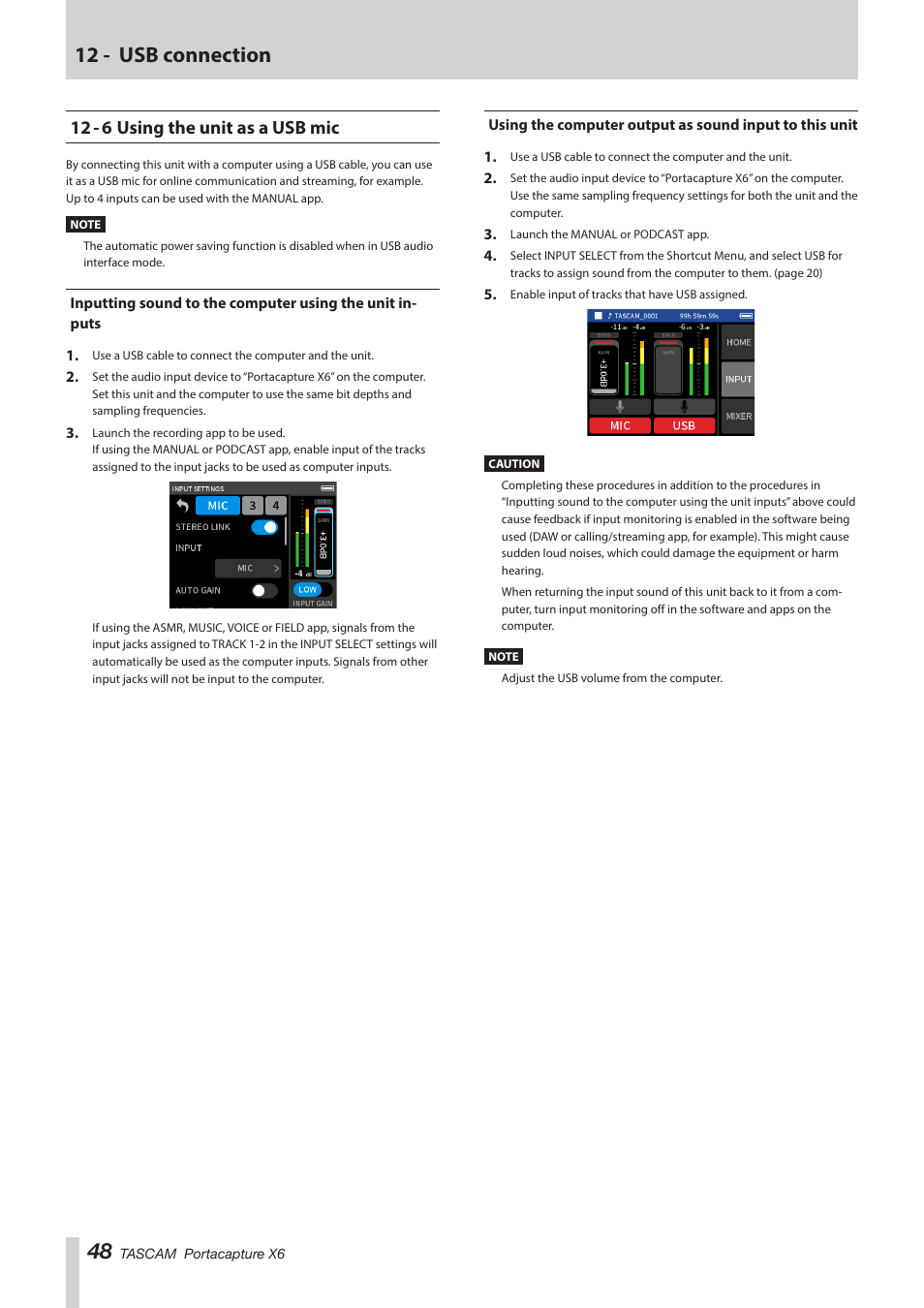 12 - 6 using the unit as a usb mic, 12 - usb connection | Tascam Portacapture X6 32-Bit 6-Channel Multitrack Field Recorder User Manual | Page 48 / 64