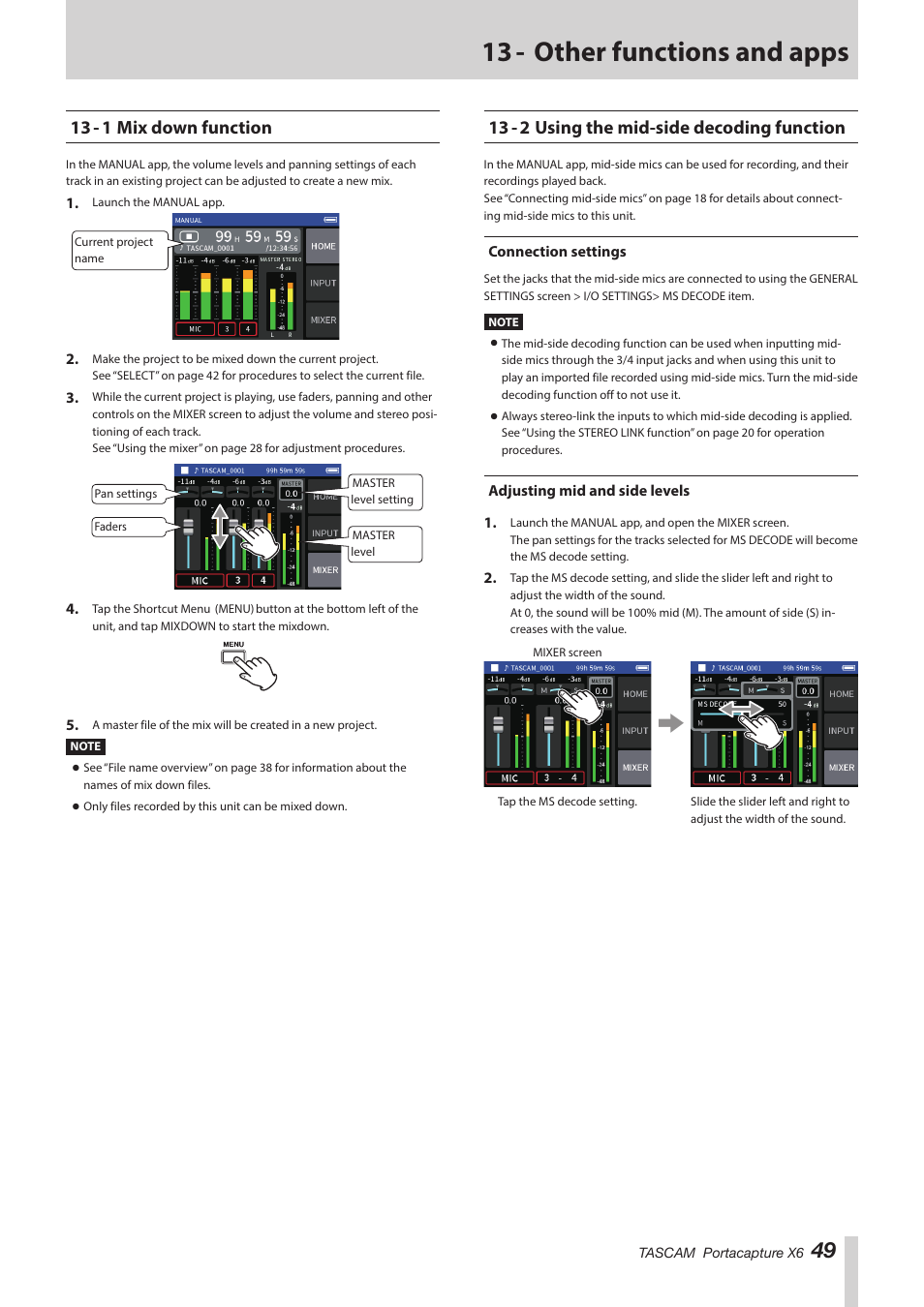 13 - other functions and apps, 13 - 1 mix down function, 13 - 2 using the mid-side decoding function | Connection settings, Adjusting mid and side levels, Connection settings adjusting mid and side levels | Tascam Portacapture X6 32-Bit 6-Channel Multitrack Field Recorder User Manual | Page 49 / 64