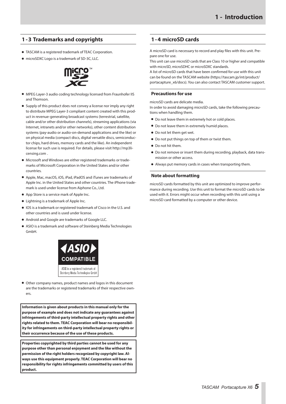 1 - 3 trademarks and copyrights, 1 - 4 microsd cards, Precautions for use | Note about formatting, Precautions for use note about formatting, 51 - introduction | Tascam Portacapture X6 32-Bit 6-Channel Multitrack Field Recorder User Manual | Page 5 / 64