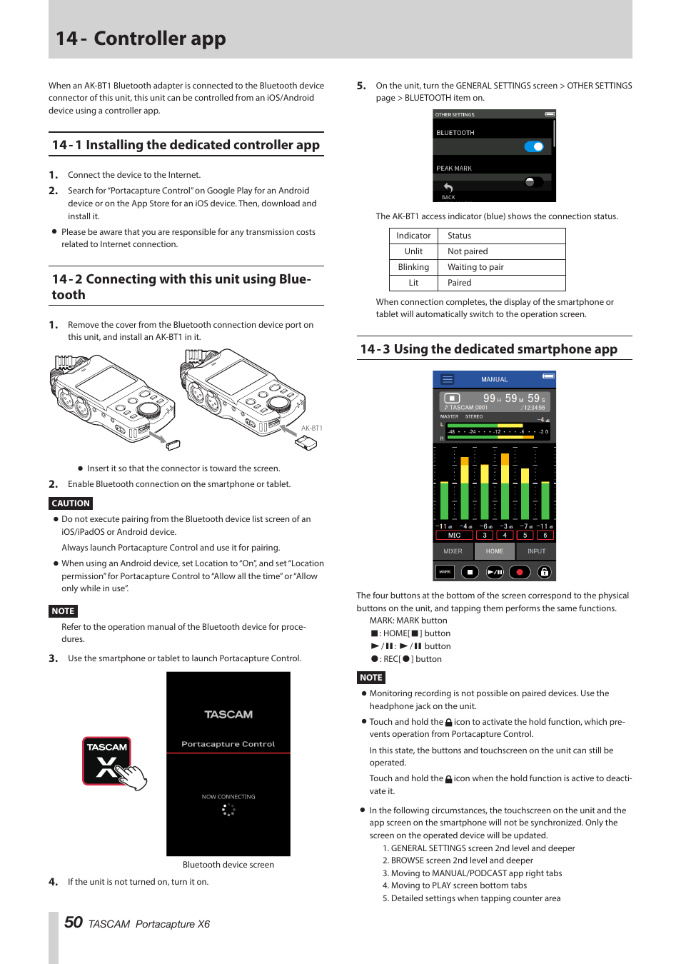 14 - controller app, 14 - 1 installing the dedicated controller app, 14 - 2 connecting with this unit using bluetooth | 14 - 3 using the dedicated smartphone app, 14 - 2 connecting with this unit using blue- tooth | Tascam Portacapture X6 32-Bit 6-Channel Multitrack Field Recorder User Manual | Page 50 / 64