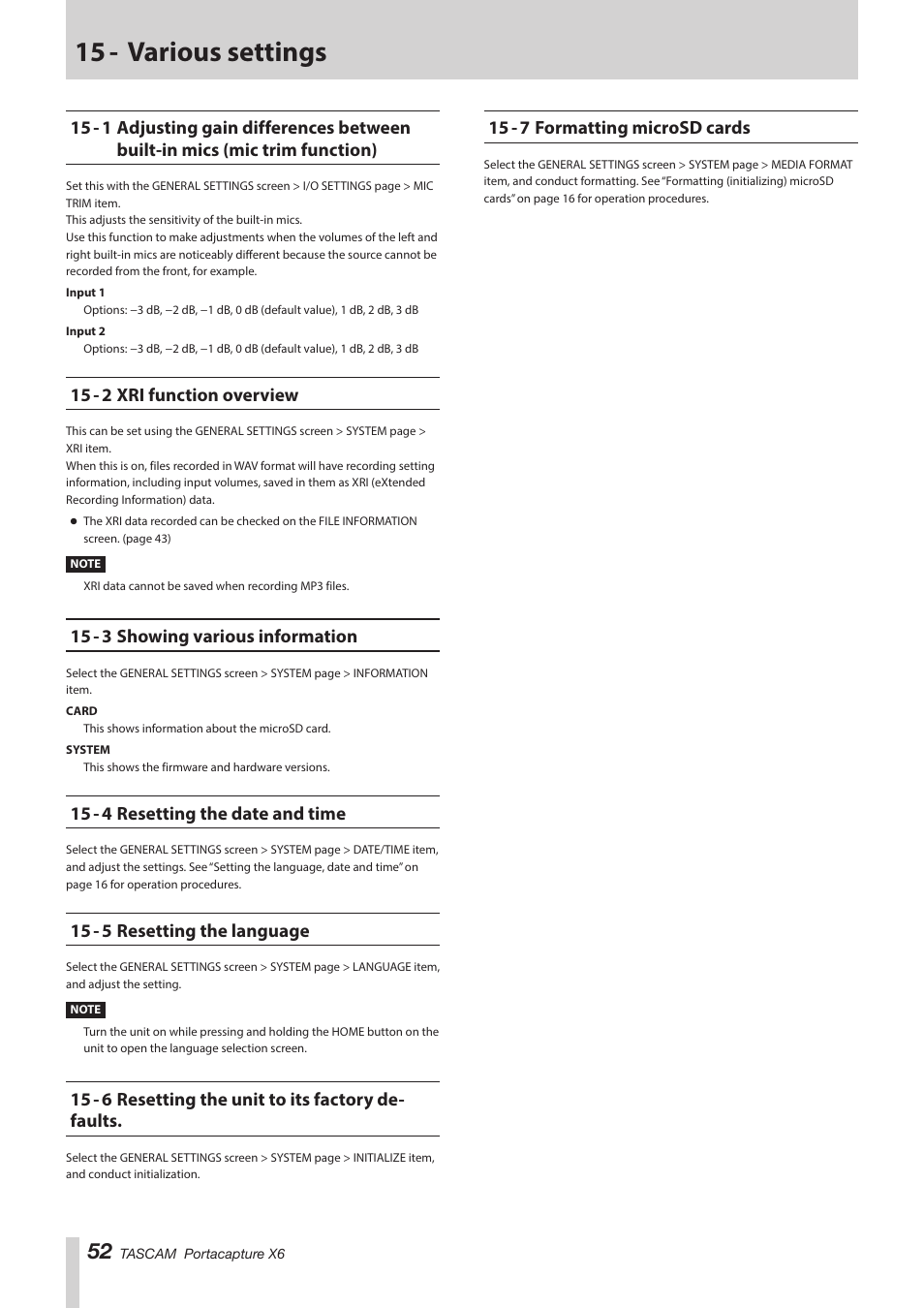 15 - various settings, 15 - 2 xri function overview, 15 - 3 showing various information | 15 - 4 resetting the date and time, 15 - 5 resetting the language, 15 - 6 resetting the unit to its factory defaults, 15 - 7 formatting microsd cards, Mic trim function) | Tascam Portacapture X6 32-Bit 6-Channel Multitrack Field Recorder User Manual | Page 52 / 64