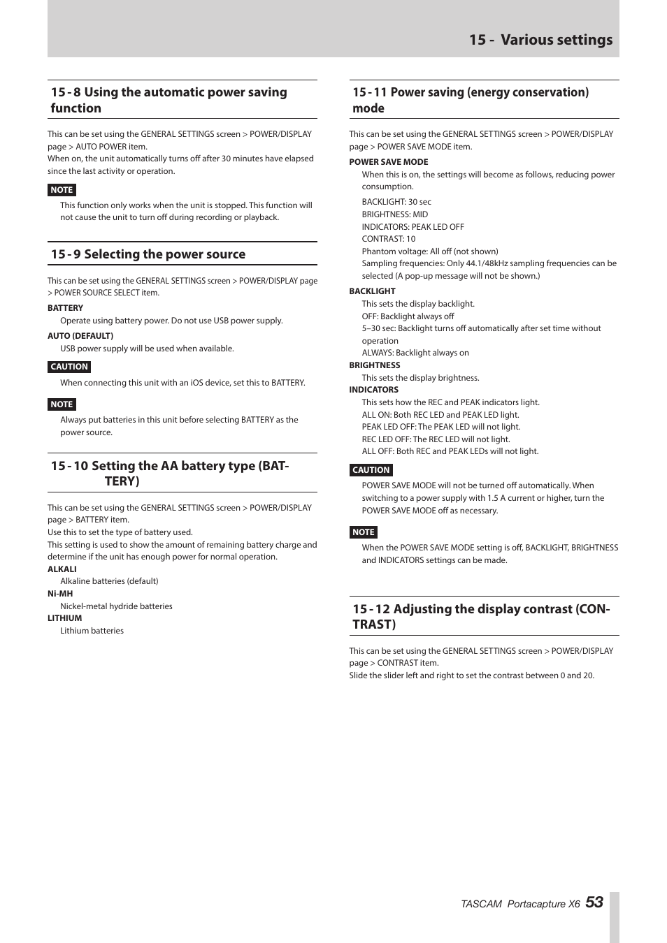 15 - 8 using the automatic power saving function, 15 - 9 selecting the power source, 15 - 10 setting the aa battery type (battery) | 15 - 11 power saving (energy conservation) mode, 15 - 12 adjusting the display contrast (contrast), 53 15 - various settings, 15 - 10 setting the aa battery type (bat- tery) | Tascam Portacapture X6 32-Bit 6-Channel Multitrack Field Recorder User Manual | Page 53 / 64