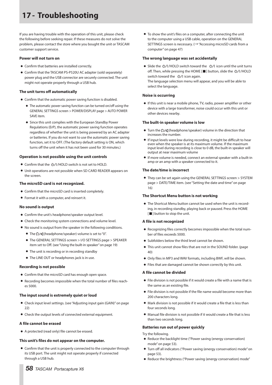 17 - troubleshooting | Tascam Portacapture X6 32-Bit 6-Channel Multitrack Field Recorder User Manual | Page 58 / 64