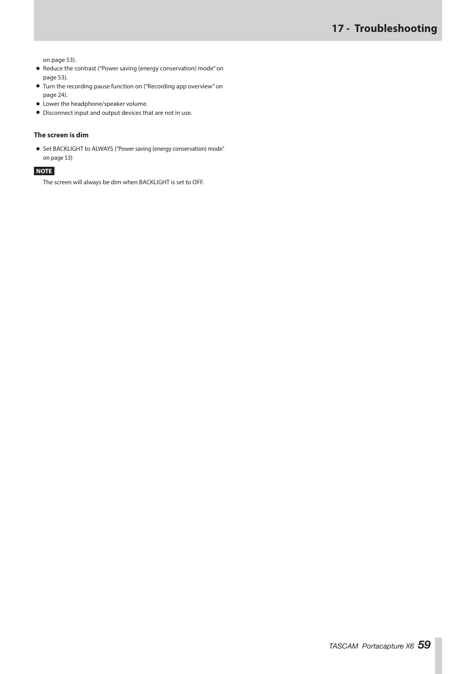 59 17 - troubleshooting | Tascam Portacapture X6 32-Bit 6-Channel Multitrack Field Recorder User Manual | Page 59 / 64
