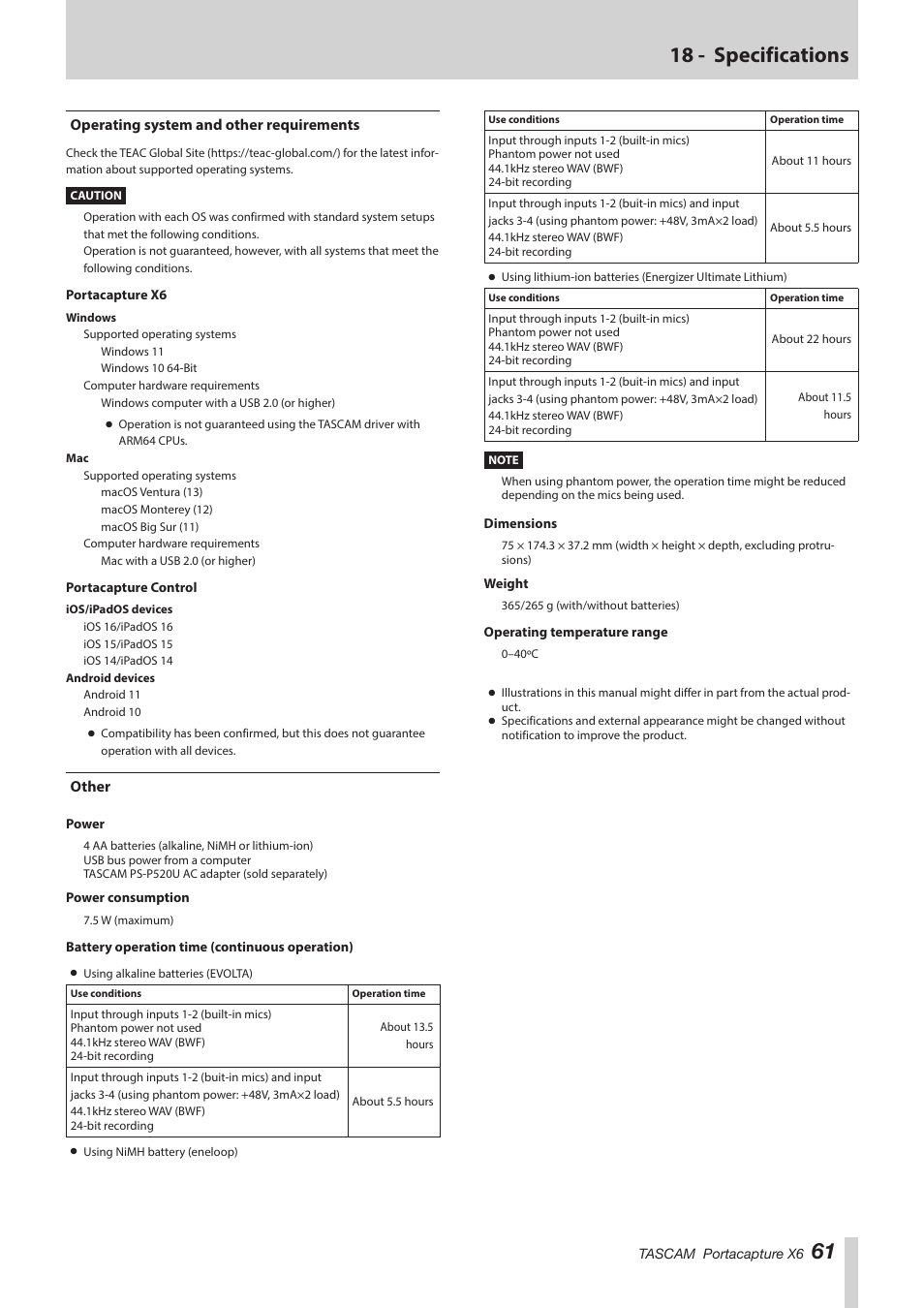 Operating system and other requirements, Other, Operating system and other requirements other | 61 18 - specifications | Tascam Portacapture X6 32-Bit 6-Channel Multitrack Field Recorder User Manual | Page 61 / 64