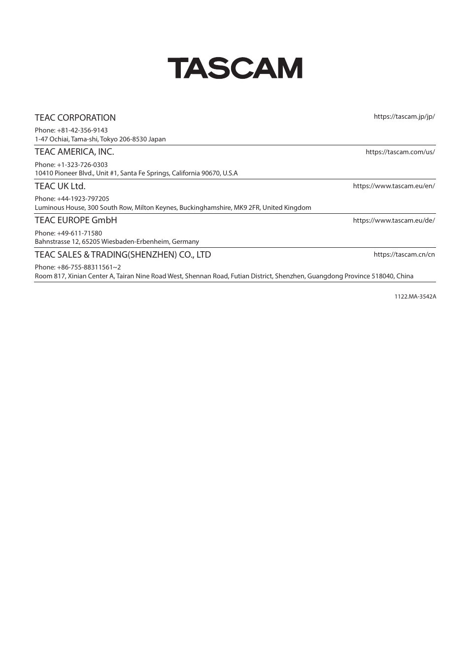 Teac corporation, Teac america, inc, Teac uk ltd | Teac europe gmbh, Teac sales & trading(shenzhen) co., ltd | Tascam Portacapture X6 32-Bit 6-Channel Multitrack Field Recorder User Manual | Page 64 / 64