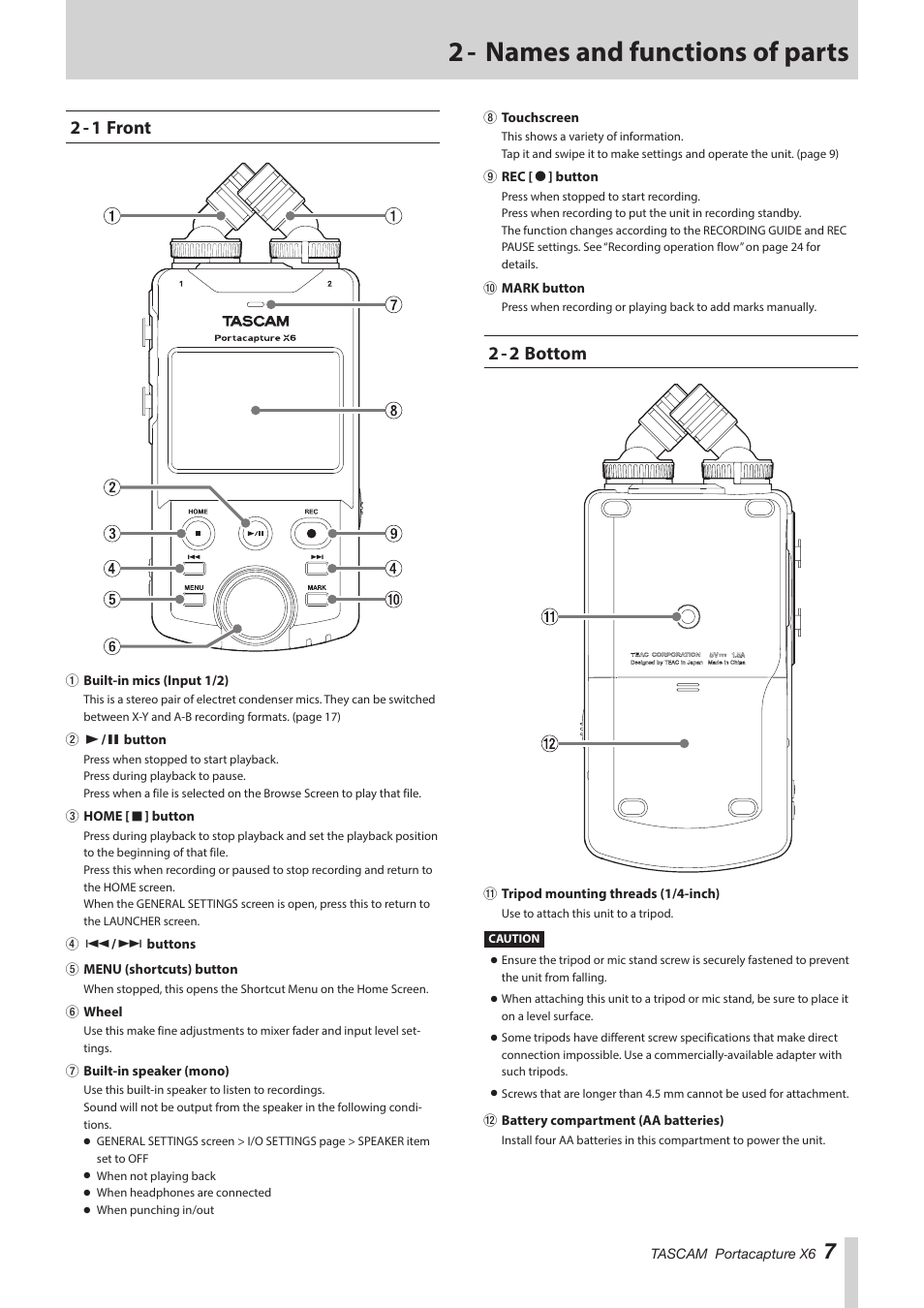 2 - names and functions of parts, 2 - 1 front, 2 - 2 bottom | 2 - 1 front 2 - 2 bottom | Tascam Portacapture X6 32-Bit 6-Channel Multitrack Field Recorder User Manual | Page 7 / 64