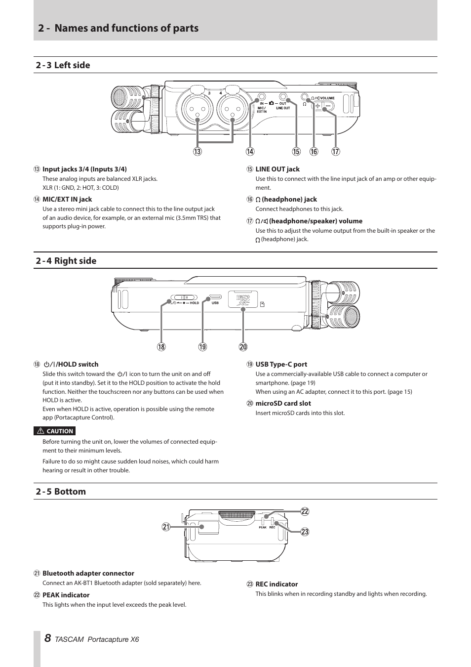 2 - 3 left side, 2 - 4 right side, 2 - 5 bottom | 2 - 3 left side 2 - 4 right side 2 - 5 bottom, 2 - names and functions of parts | Tascam Portacapture X6 32-Bit 6-Channel Multitrack Field Recorder User Manual | Page 8 / 64