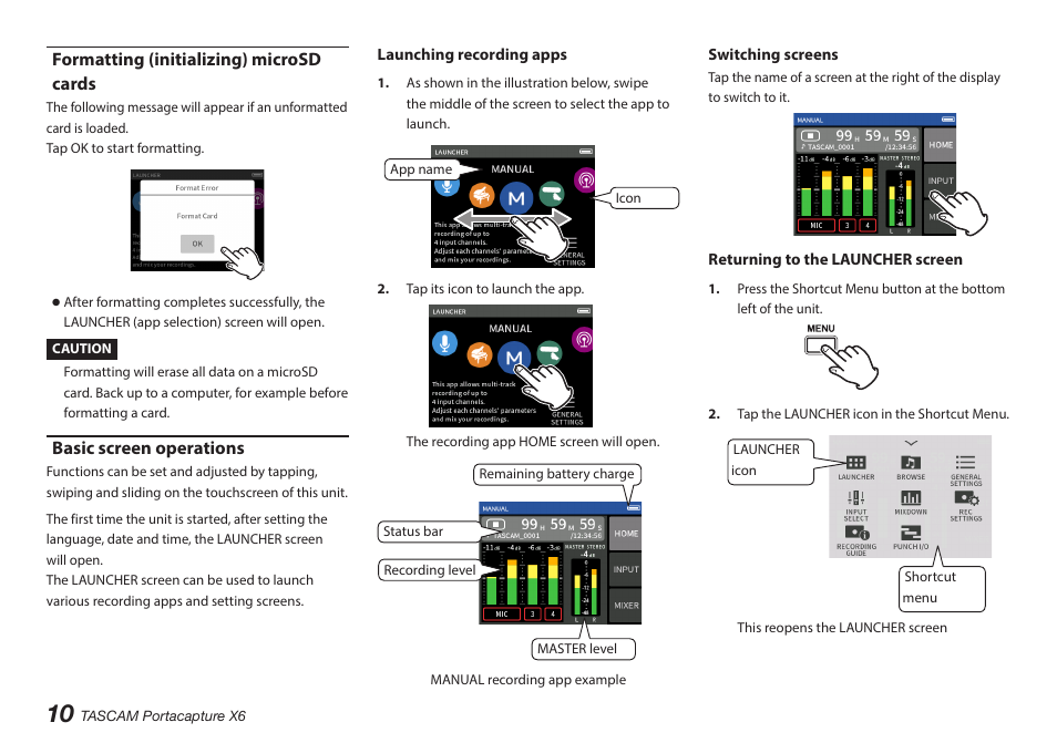 Formatting (initializing) microsd cards, Basic screen operations | Tascam Portacapture X6 32-Bit 6-Channel Multitrack Field Recorder User Manual | Page 10 / 116