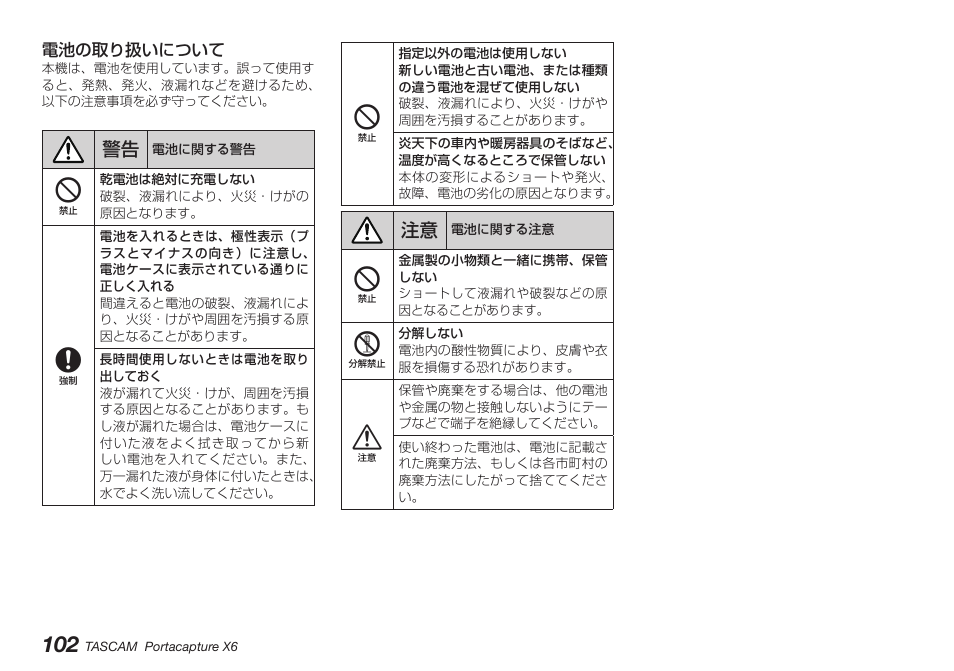 電池の取り扱いについて | Tascam Portacapture X6 32-Bit 6-Channel Multitrack Field Recorder User Manual | Page 102 / 116