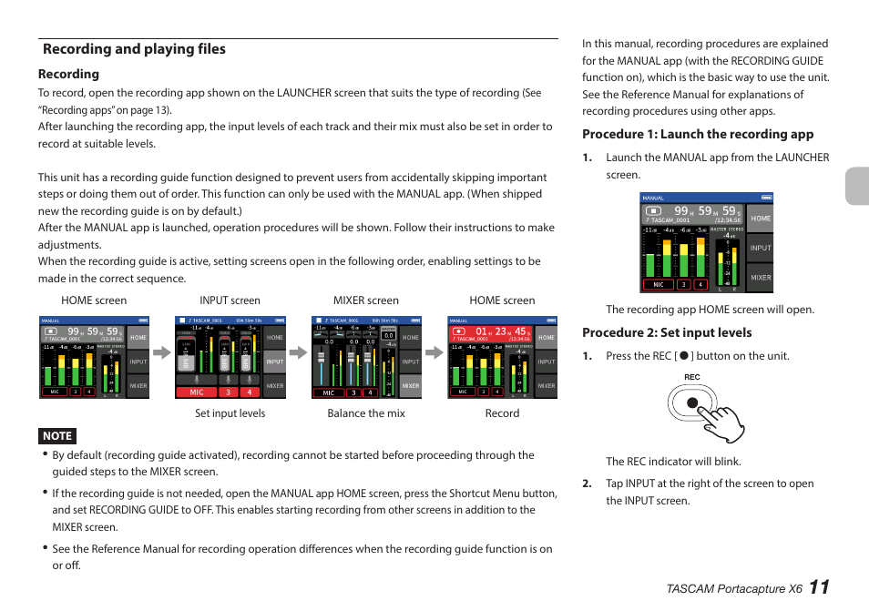 Recording and playing files | Tascam Portacapture X6 32-Bit 6-Channel Multitrack Field Recorder User Manual | Page 11 / 116