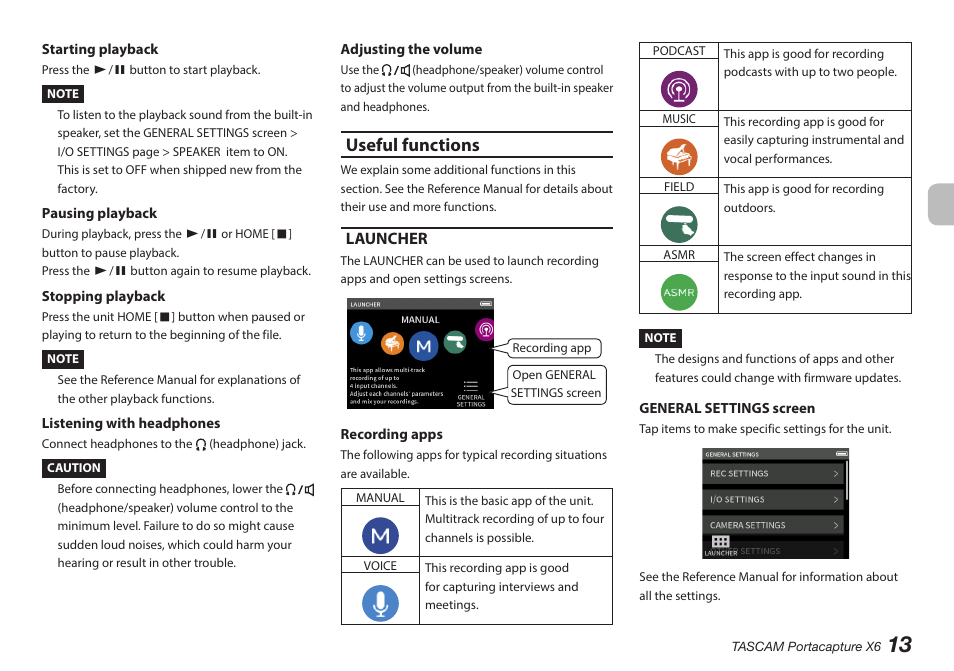 Useful functions, Launcher | Tascam Portacapture X6 32-Bit 6-Channel Multitrack Field Recorder User Manual | Page 13 / 116