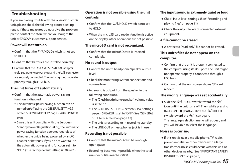 Troubleshooting | Tascam Portacapture X6 32-Bit 6-Channel Multitrack Field Recorder User Manual | Page 15 / 116