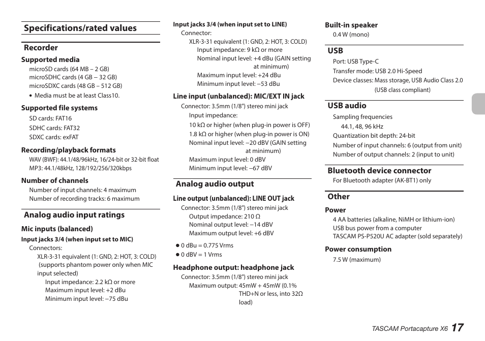 Specifications/rated values, Recorder, Analog audio input ratings | Analog audio output, Usb audio, Bluetooth device connector, Other, Usb usb audio bluetooth device connector other | Tascam Portacapture X6 32-Bit 6-Channel Multitrack Field Recorder User Manual | Page 17 / 116