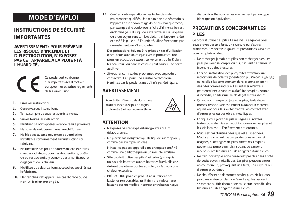 Français, Instructions de sécurité importantes, Mode d’emploi | Avertissement, Attention, Précautions concernant les piles | Tascam Portacapture X6 32-Bit 6-Channel Multitrack Field Recorder User Manual | Page 19 / 116