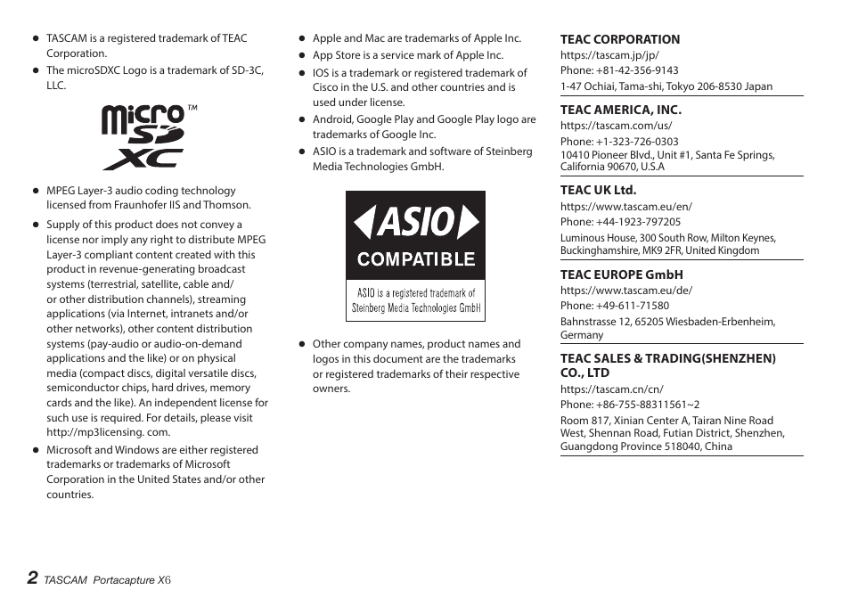 Tascam Portacapture X6 32-Bit 6-Channel Multitrack Field Recorder User Manual | Page 2 / 116