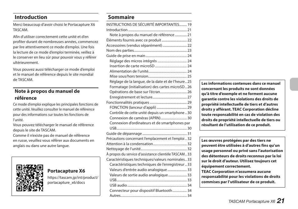 Introduction, Note à propos du manuel de référence, Sommaire | Tascam Portacapture X6 32-Bit 6-Channel Multitrack Field Recorder User Manual | Page 21 / 116