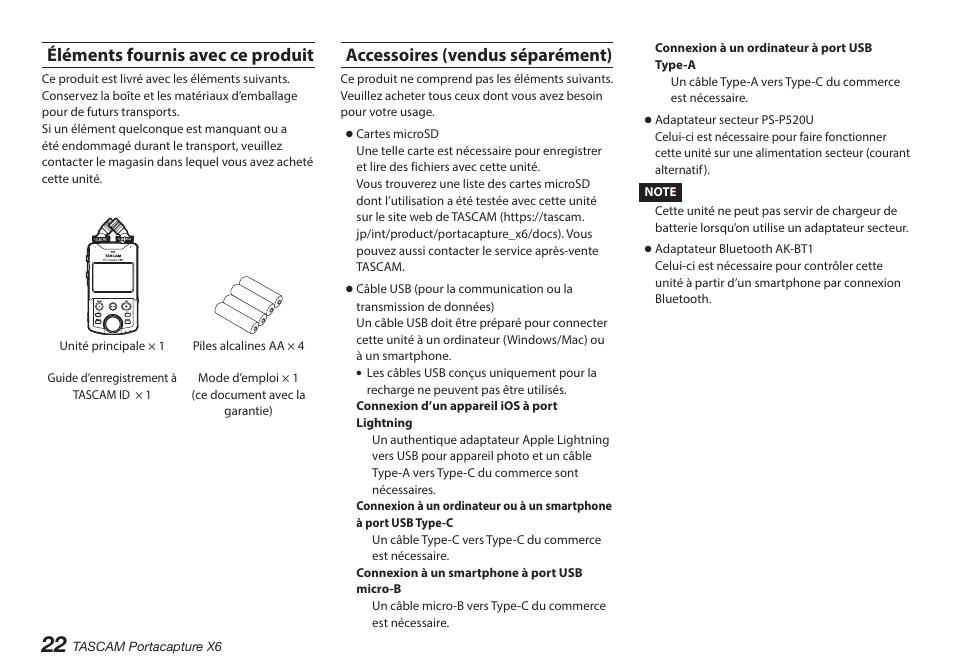 Éléments fournis avec ce produit, Accessoires (vendus séparément) | Tascam Portacapture X6 32-Bit 6-Channel Multitrack Field Recorder User Manual | Page 22 / 116