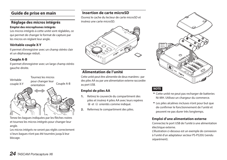 Guide de prise en main, Réglage des micros intégrés, Insertion de carte microsd | Alimentation de l’unité | Tascam Portacapture X6 32-Bit 6-Channel Multitrack Field Recorder User Manual | Page 24 / 116