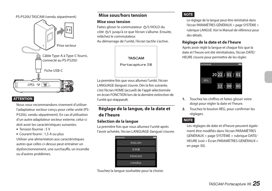 Mise sous/hors tension, Réglage de la langue, de la date et de l’heure | Tascam Portacapture X6 32-Bit 6-Channel Multitrack Field Recorder User Manual | Page 25 / 116