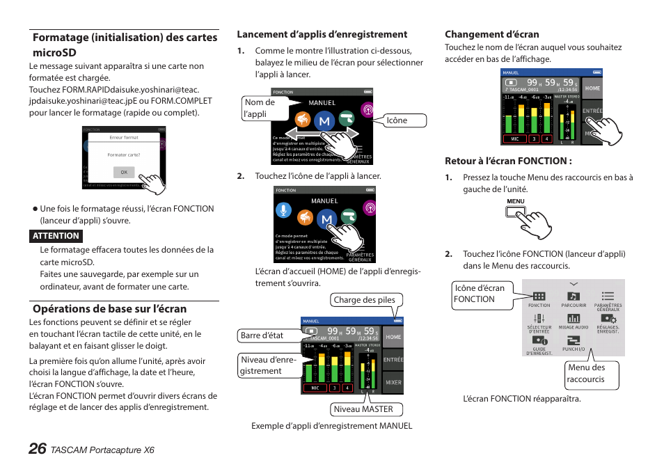 Formatage (initialisation) des cartes microsd, Opérations de base sur l’écran | Tascam Portacapture X6 32-Bit 6-Channel Multitrack Field Recorder User Manual | Page 26 / 116