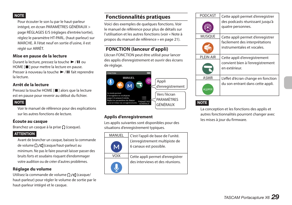 Fonctionnalités pratiques, Fonction (lanceur d’appli) | Tascam Portacapture X6 32-Bit 6-Channel Multitrack Field Recorder User Manual | Page 29 / 116