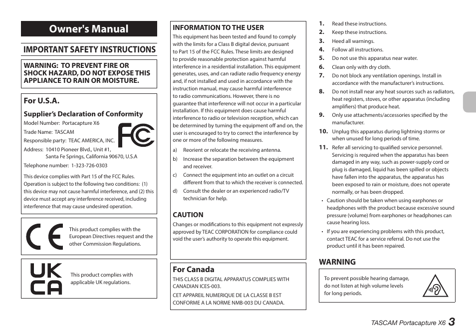 English, Important safety instructions, Owner's manual | For u.s.a, For canada, Warning | Tascam Portacapture X6 32-Bit 6-Channel Multitrack Field Recorder User Manual | Page 3 / 116