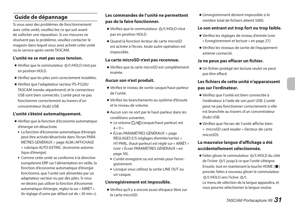 Guide de dépannage | Tascam Portacapture X6 32-Bit 6-Channel Multitrack Field Recorder User Manual | Page 31 / 116