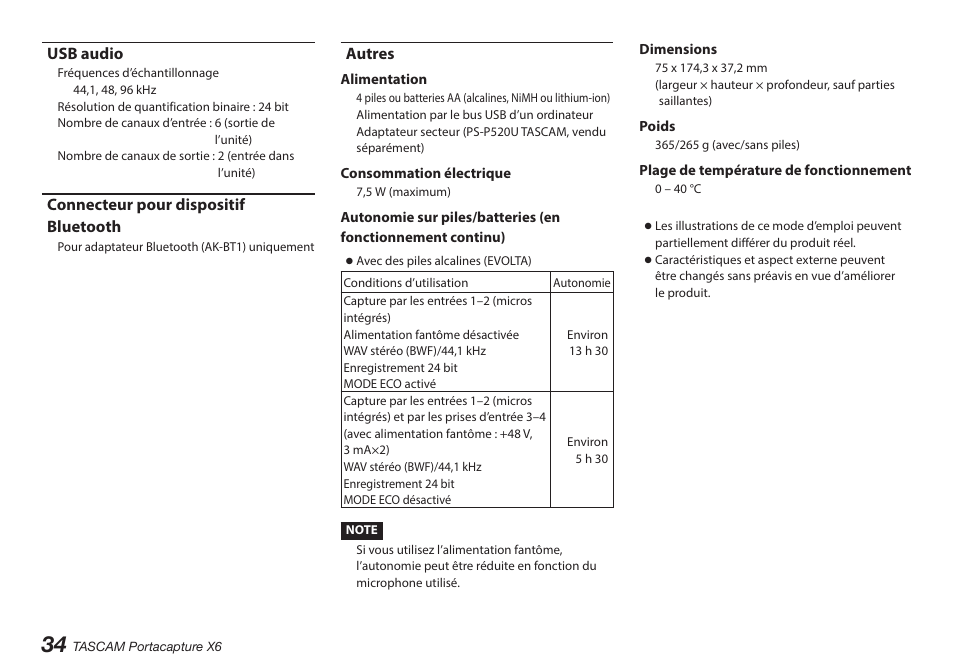 Usb audio, Connecteur pour dispositif bluetooth, Autres | Tascam Portacapture X6 32-Bit 6-Channel Multitrack Field Recorder User Manual | Page 34 / 116