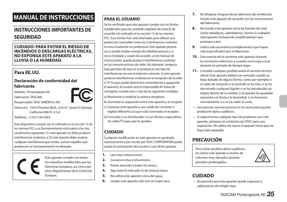 Español, Instrucciones importantes de seguridad, Manual de instrucciones | Para ee.uu, Precaución, Cuidado | Tascam Portacapture X6 32-Bit 6-Channel Multitrack Field Recorder User Manual | Page 35 / 116