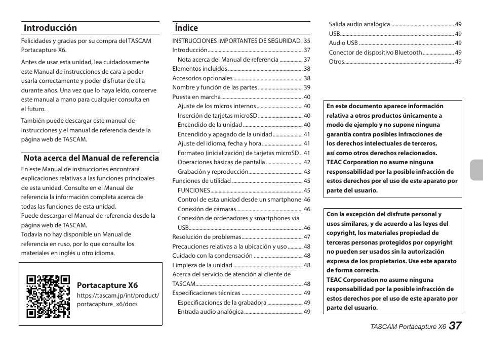 Introducción, Nota acerca del manual de referencia, Índice | Tascam Portacapture X6 32-Bit 6-Channel Multitrack Field Recorder User Manual | Page 37 / 116