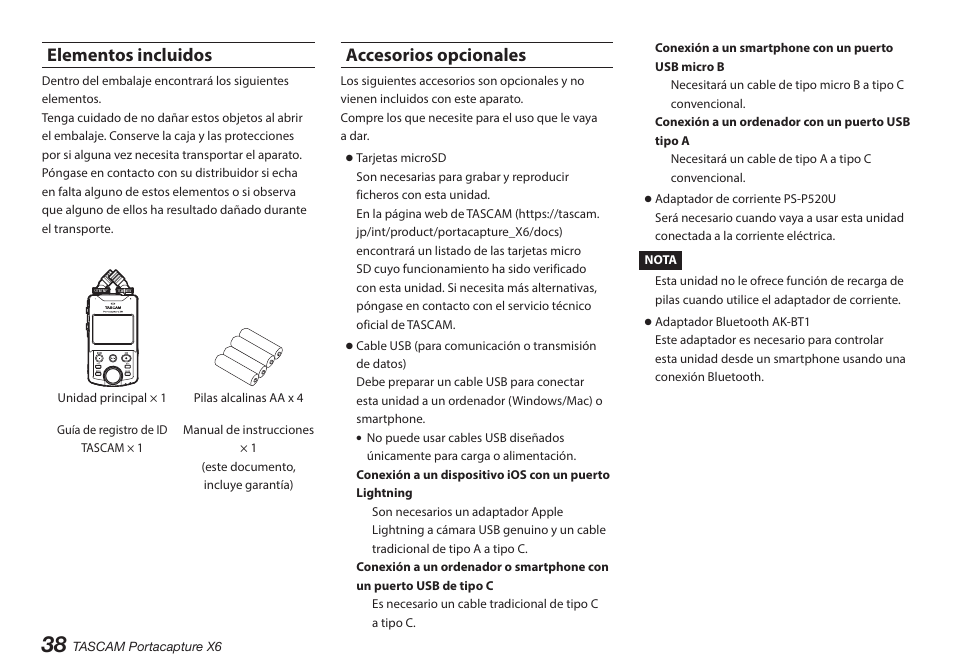 Elementos incluidos, Accesorios opcionales, Elementos incluidos accesorios opcionales | Tascam Portacapture X6 32-Bit 6-Channel Multitrack Field Recorder User Manual | Page 38 / 116