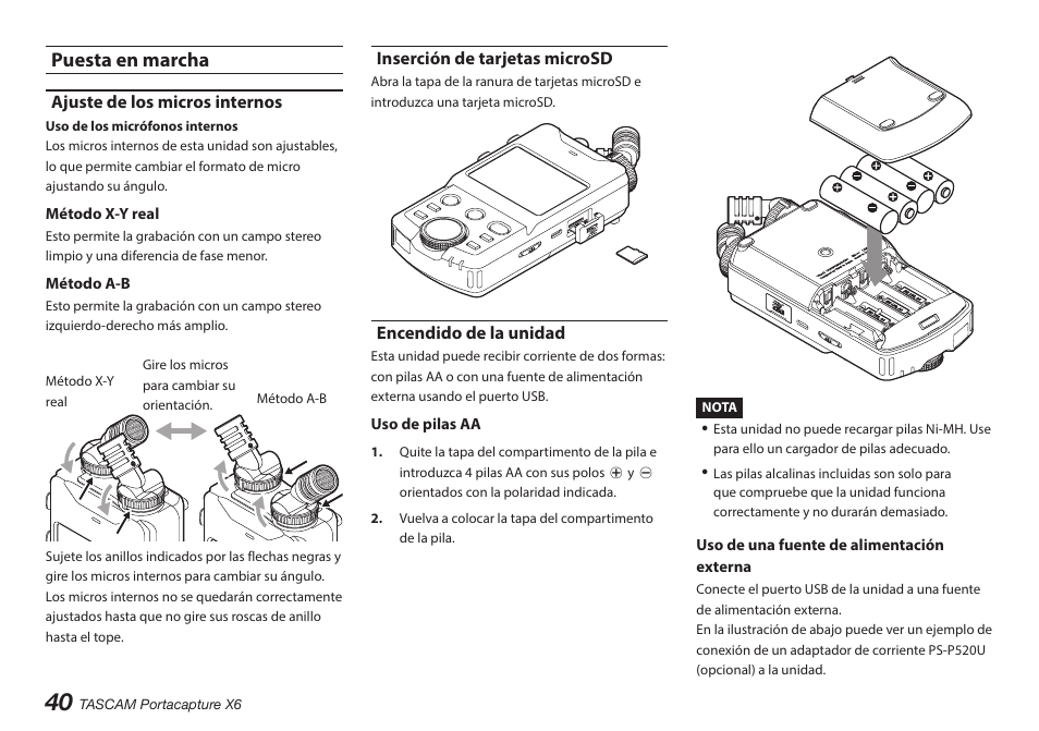 Puesta en marcha, Ajuste de los micros internos, Inserción de tarjetas microsd | Encendido de la unidad | Tascam Portacapture X6 32-Bit 6-Channel Multitrack Field Recorder User Manual | Page 40 / 116