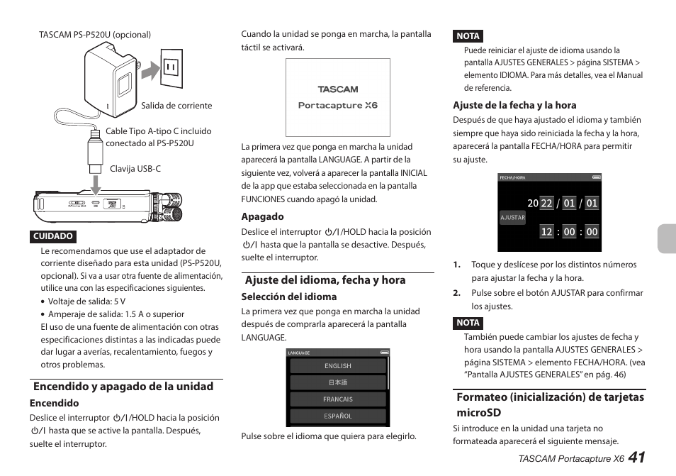 Encendido y apagado de la unidad, Ajuste del idioma, fecha y hora, Formateo (inicialización) de tarjetas microsd | Tascam Portacapture X6 32-Bit 6-Channel Multitrack Field Recorder User Manual | Page 41 / 116