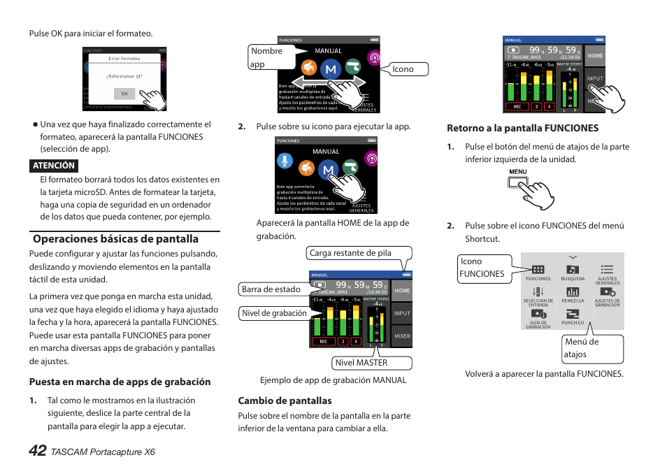 Operaciones básicas de pantalla | Tascam Portacapture X6 32-Bit 6-Channel Multitrack Field Recorder User Manual | Page 42 / 116