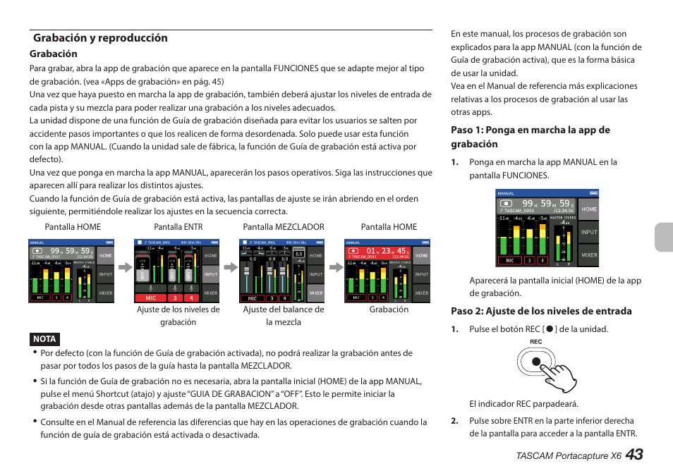 Grabación y reproducción | Tascam Portacapture X6 32-Bit 6-Channel Multitrack Field Recorder User Manual | Page 43 / 116