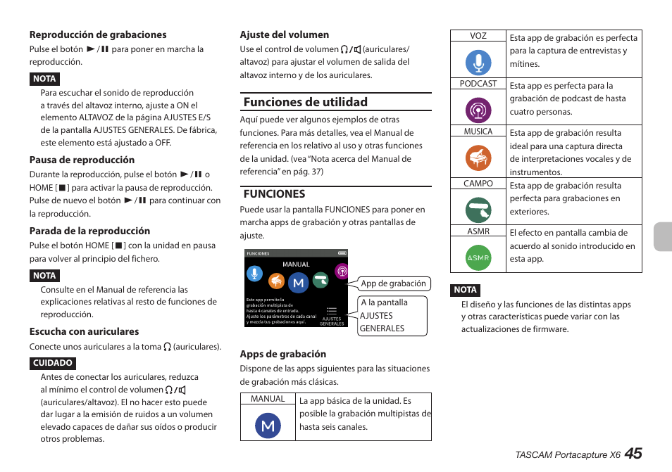 Funciones de utilidad, Funciones | Tascam Portacapture X6 32-Bit 6-Channel Multitrack Field Recorder User Manual | Page 45 / 116