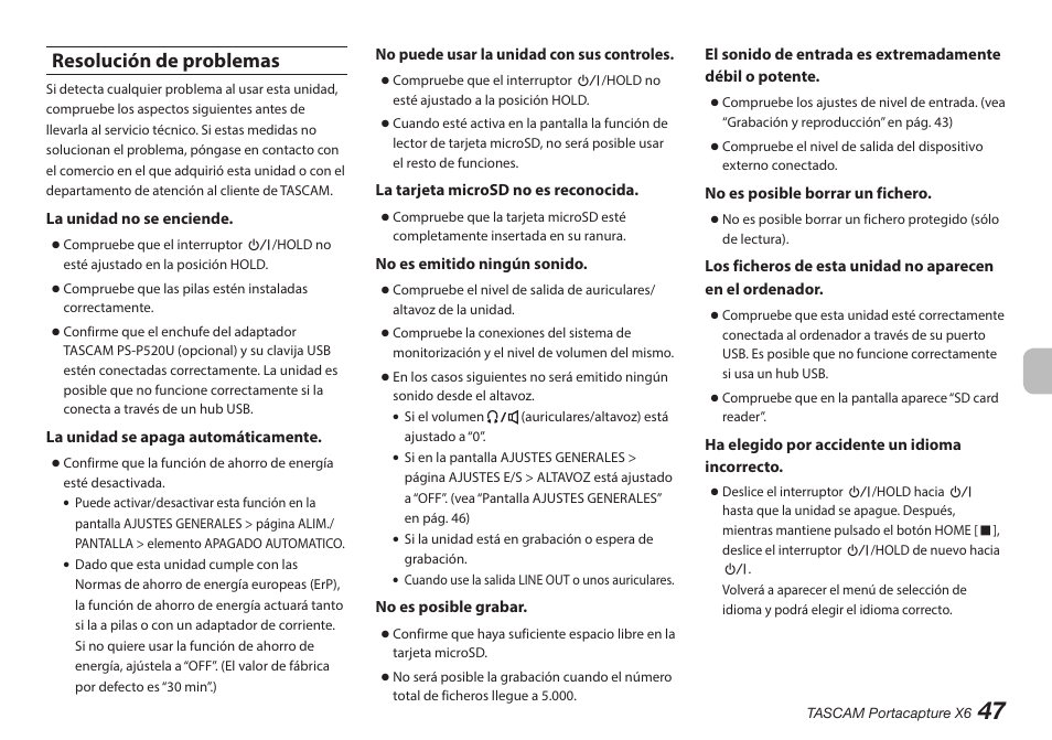 Resolución de problemas | Tascam Portacapture X6 32-Bit 6-Channel Multitrack Field Recorder User Manual | Page 47 / 116