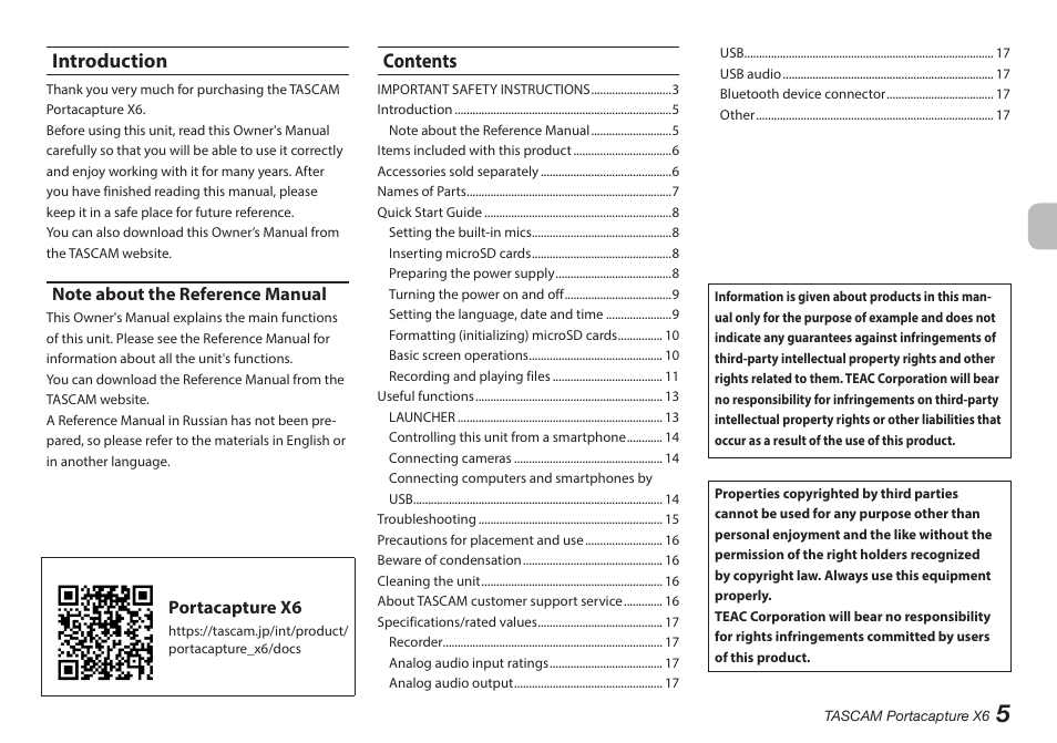 Tascam Portacapture X6 32-Bit 6-Channel Multitrack Field Recorder User Manual | Page 5 / 116