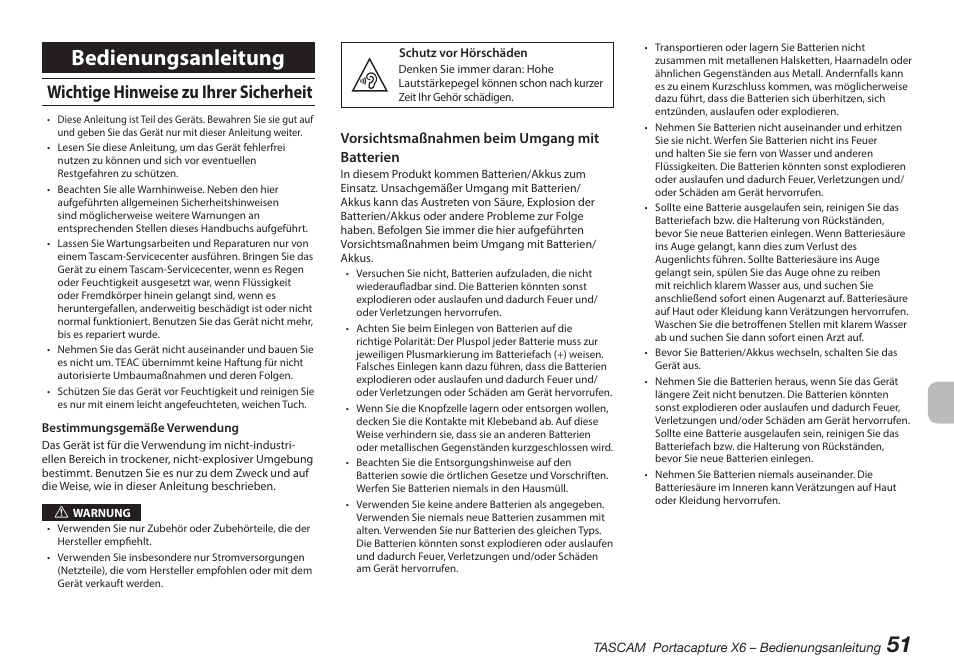 Deutsch, Wichtige hinweise zu ihrer sicherheit, Bedienungsanleitung | Tascam Portacapture X6 32-Bit 6-Channel Multitrack Field Recorder User Manual | Page 51 / 116