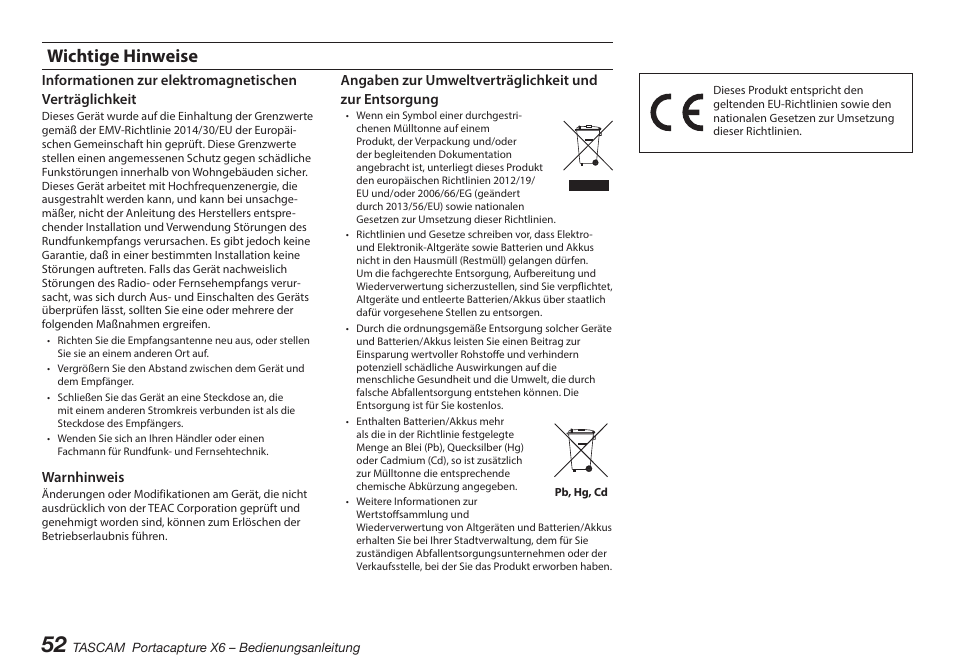 Wichtige hinweise | Tascam Portacapture X6 32-Bit 6-Channel Multitrack Field Recorder User Manual | Page 52 / 116