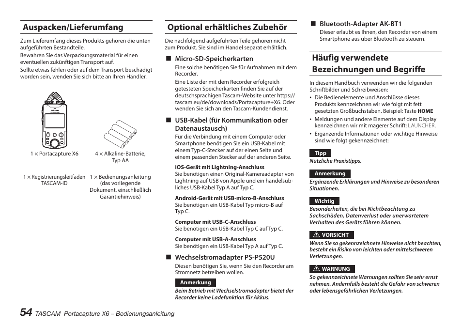 Auspacken/lieferumfang, Optional erhältliches zubehör, Häufig verwendete bezeichnungen und begriffe | Tascam Portacapture X6 32-Bit 6-Channel Multitrack Field Recorder User Manual | Page 54 / 116