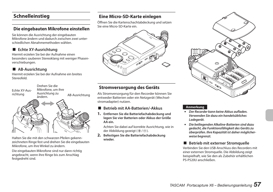 Schnelleinstieg, Die eingebauten mikrofone einstellen, Eine micro-sd-karte einlegen | Stromversorgung des geräts | Tascam Portacapture X6 32-Bit 6-Channel Multitrack Field Recorder User Manual | Page 57 / 116